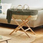 The Little Green Sheep Quilted Moses Basket and Static Stand Bundle - Juniper Rice