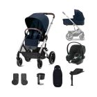 Cybex Balios S Lux Pushchair with Aton B2 Car Seat and Base 10 Piece Bundle - Ocean Blue (Silver Frame)