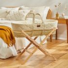 The Little Green Sheep Quilted Moses Basket and Static Stand Bundle - Printed Linen