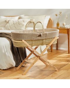 The Little Green Sheep Knitted Moses Basket and Static Stand Bundle - Truffle
