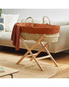 The Little Green Sheep Quilted Moses Basket and Static Stand Bundle - Terracotta Rice