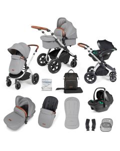 Ickle Bubba Stomp Luxe All-in-One Travel System with Isofix Base  - Silver/Pearl Grey/Tan