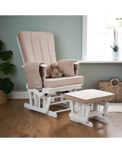 Obaby Deluxe Reclining Glider Chair and Stool - White with Sand Cushion