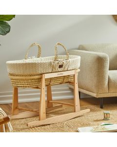 The Little Green Sheep Knitted Moses Basket and Rocking Stand Bundle - Linen