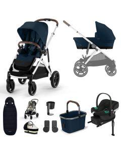 Cybex Gazelle S Lux Pushchair with Aton B2 Car Seat and Base 11 Piece Bundle - Ocean Blue (Silver Frame)