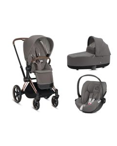 Cybex Priam Rose Gold/Soho Grey pushchair, Lux Carrycot, Cloud Z2 Car Seat and Base