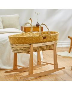 The Little Green Sheep Quilted Moses Basket and Rocking Stand Bundle - Printed Honey